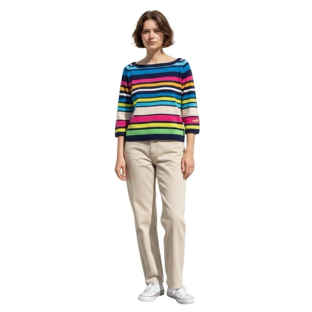 Ellesse Womens Striped Boat Neck Sweater Top Small Multicolor Rainbow 3/4 Sleeve